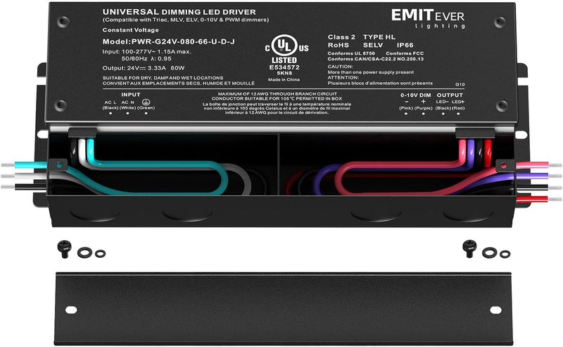 EMITEVER Dimmable Led Driver, 80W AC 110V-277V to DC 24V Transformer, 5-in-1 Dimming: ELV/MLV/TRIAC / 0-10V / 1-10V / 10V PWM/Potentiometer,Class 2,Waterproof IP67 and UL Listed，Class 2 - Image 2